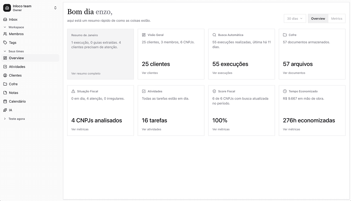 Dashboard Inloco mostrando gestão tributária